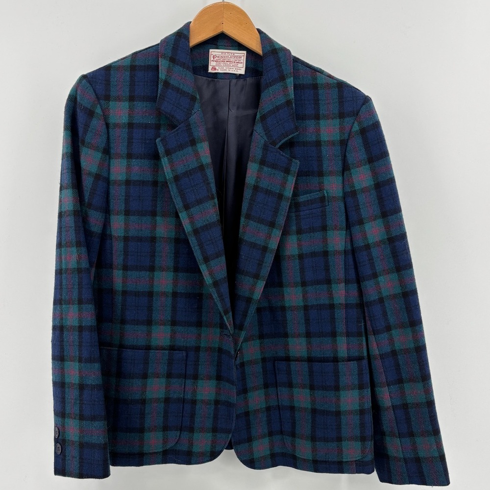 Pendleton Vintage Blazer Jacket Green Blue Plaid Virgin Wool 12 Petite P307-112
